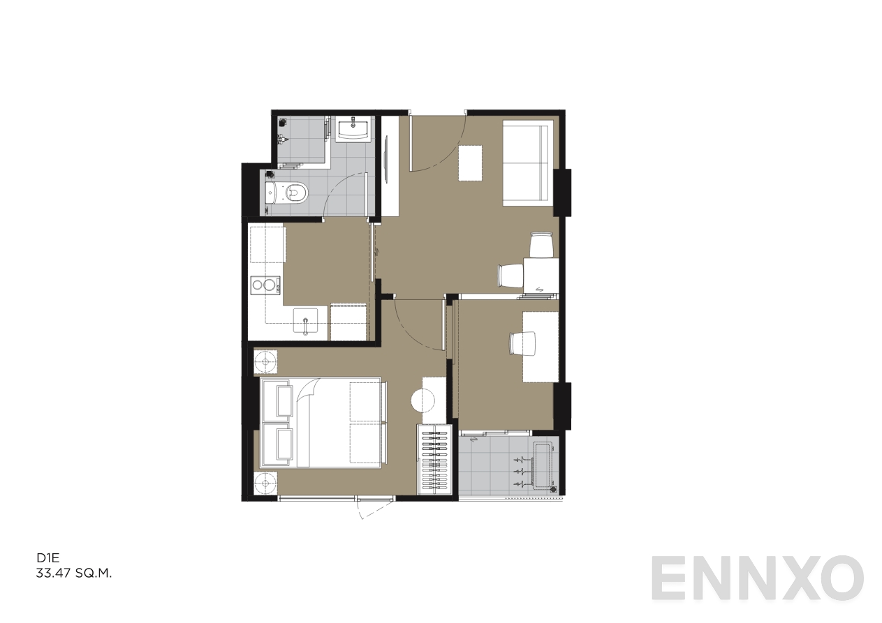 รูปแปลนห้อง D1E 33.47 SQ.M. ของโครงการ IVORY Ratchada 32