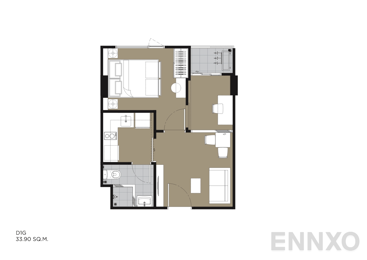 รูปแปลนห้อง D1G 33.90 SQ.M. ของโครงการ IVORY Ratchada 32