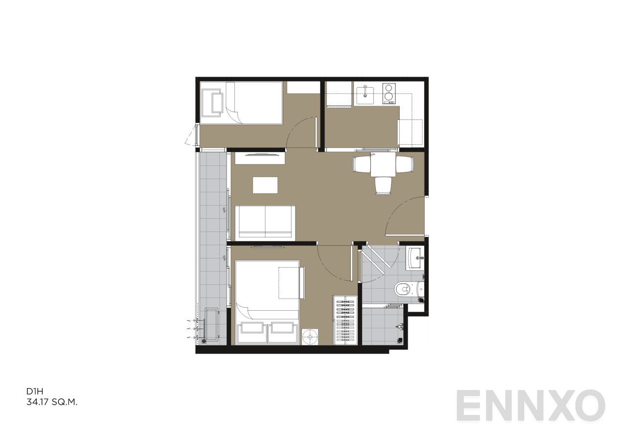 รูปแปลนห้อง D1H 34.17 SQ.M. ของโครงการ IVORY Ratchada 32