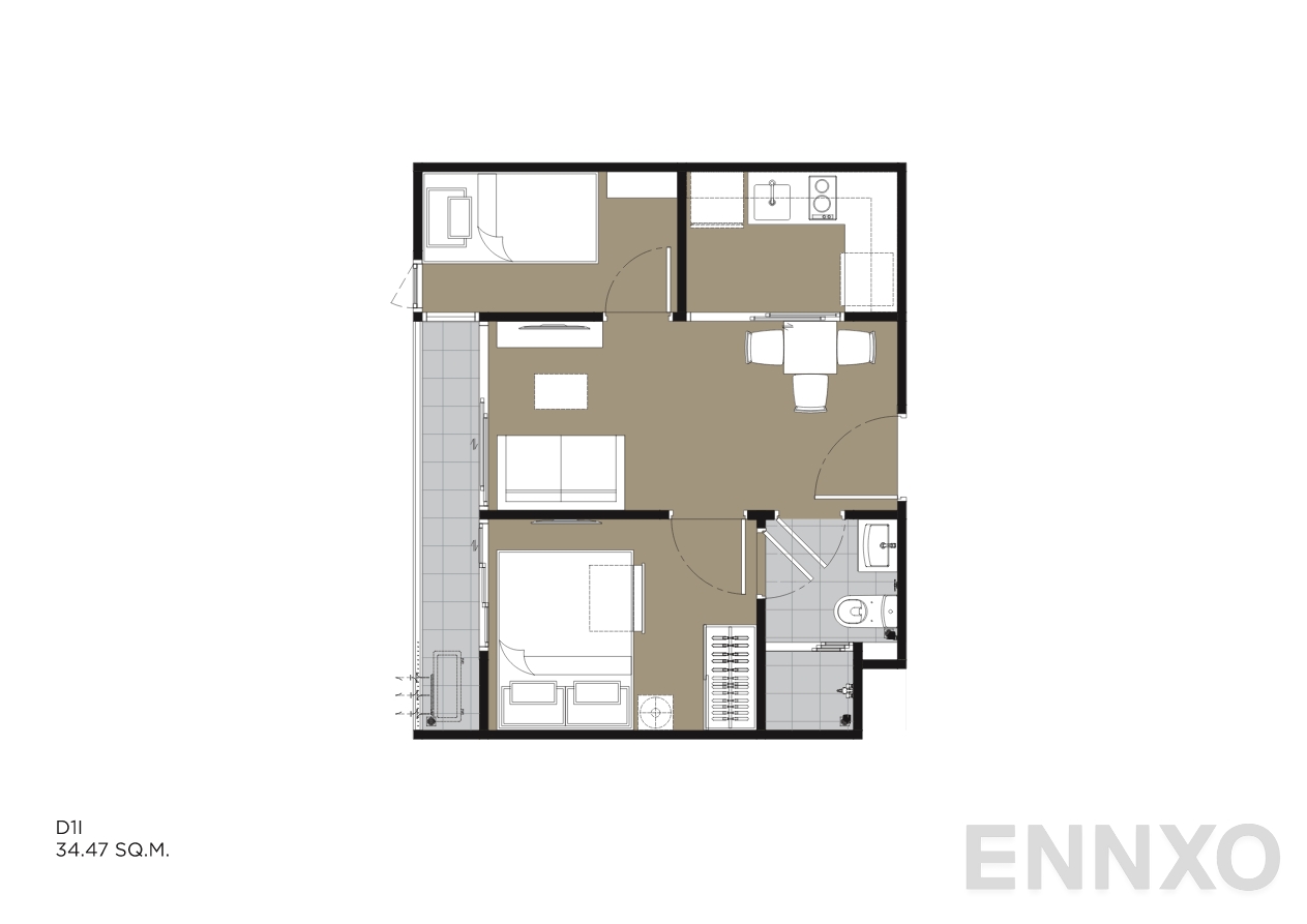 รูปแปลนห้อง D1I 34.47 SQ.M. ของโครงการ IVORY Ratchada 32