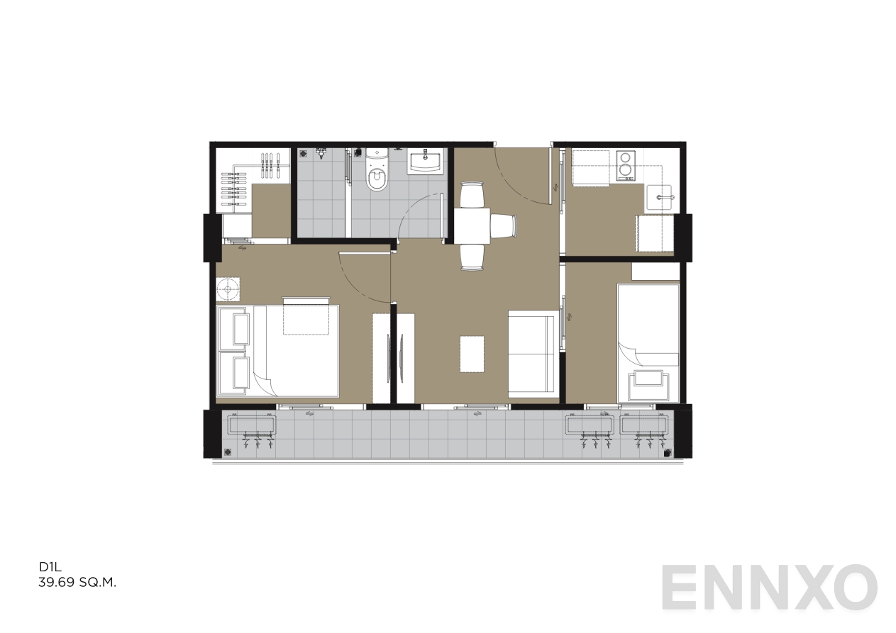 รูปแปลนห้อง D1L 39.69 SQ.M. ของโครงการ IVORY Ratchada 32