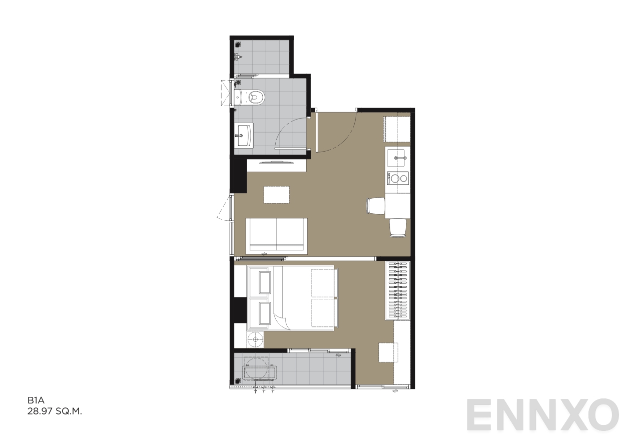รูปแปลนห้อง B1A 28.97 SQ.M. ของโครงการ IVORY Ratchada 32