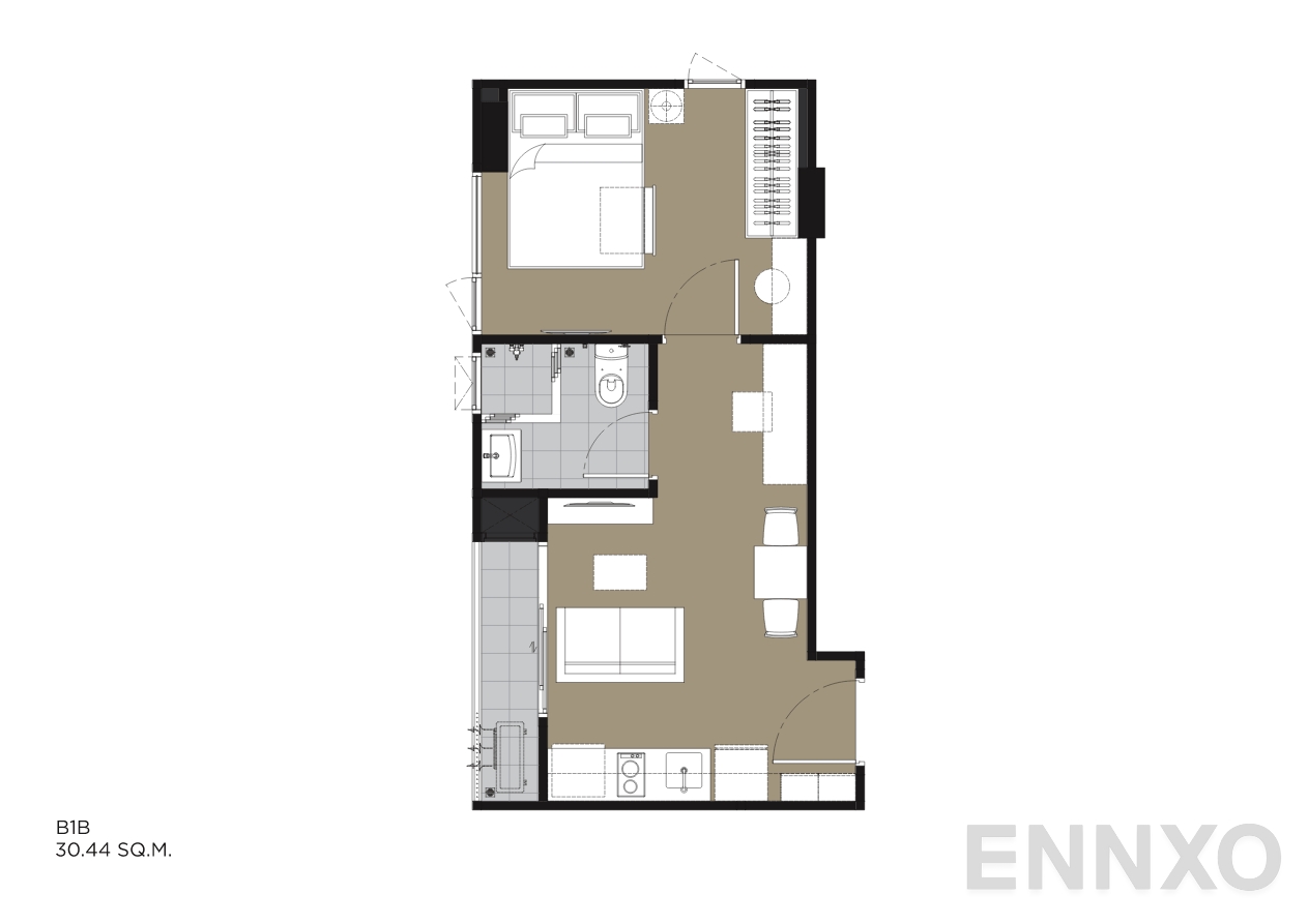 รูปแปลนห้อง B1B 30.44 SQ.M. ของโครงการ IVORY Ratchada 32