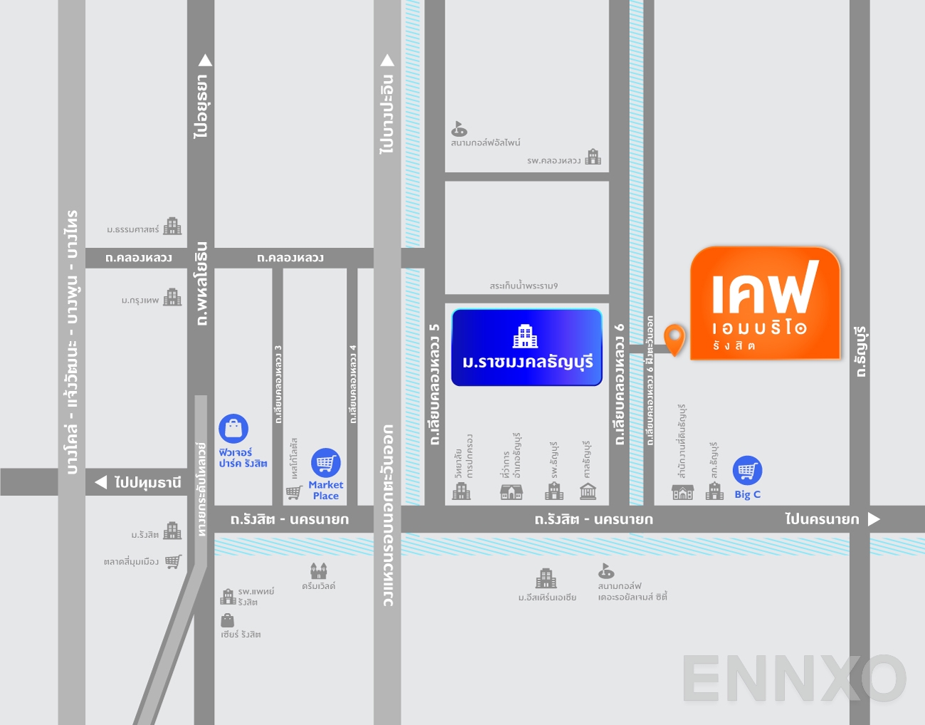 ภาพแผนที่แสดงที่ตั้งโครงการ KAVE Embryo Rangsit และสถานที่โดยรอบ