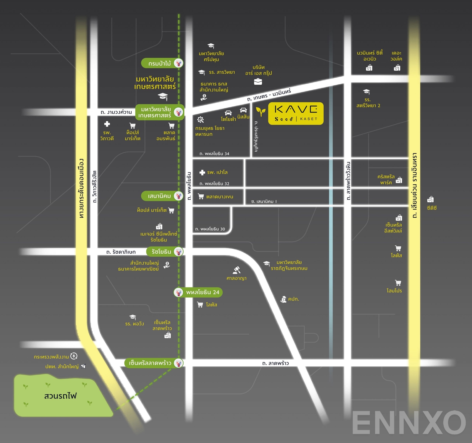 ภาพแผนที่แสดงที่ตั้งโครงการ Kave Seed Kaset และสถานที่โดยรอบ