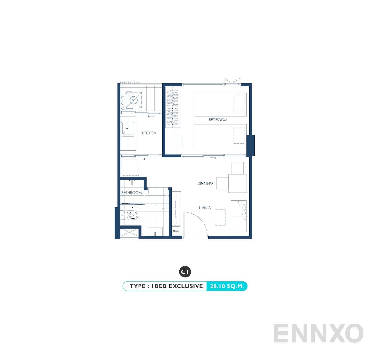 รูปแปลนห้อง 1 BED EXCLUSIVE - 28.10 SQ.M. ของโครงการ เคฟ ทาวน์ ไอส์แลนด์