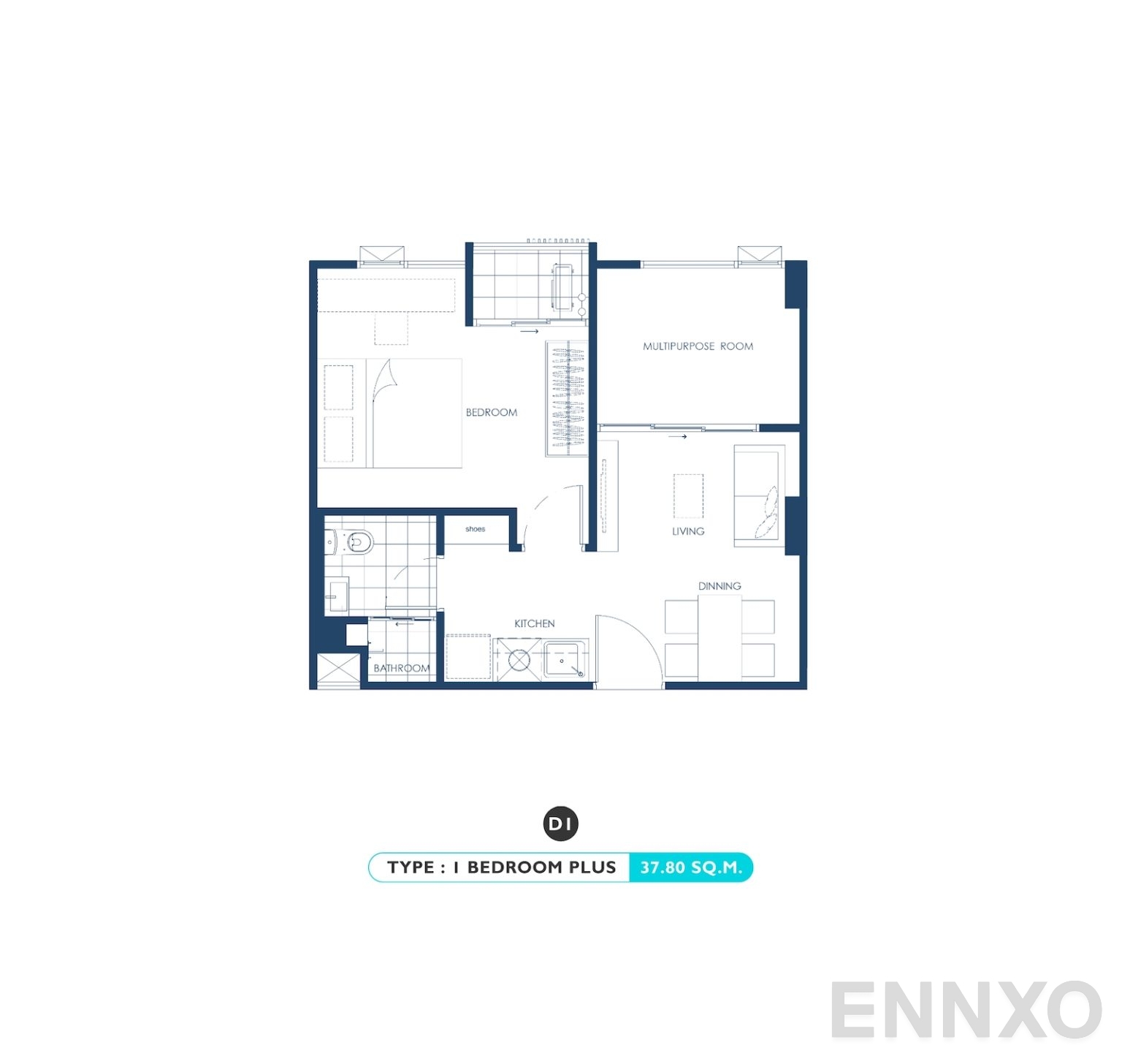 รูปแปลนห้อง 1 BED PLUS - 37.80 SQ.M. ของโครงการ เคฟ ทาวน์ ไอส์แลนด์