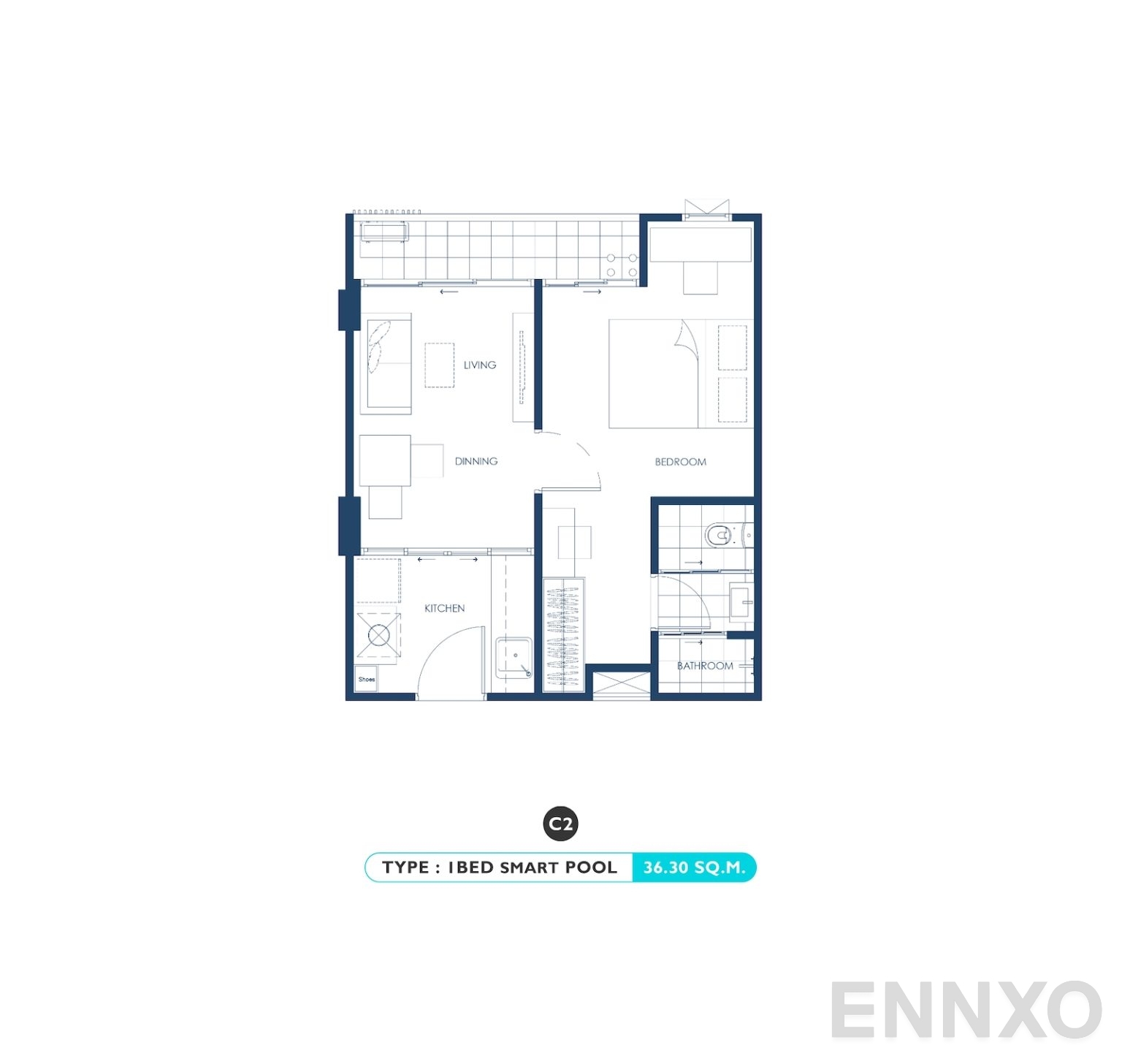 รูปแปลนห้อง 1 BED SMART POOL - 36.30 SQ.M. ของโครงการ เคฟ ทาวน์ ไอส์แลนด์