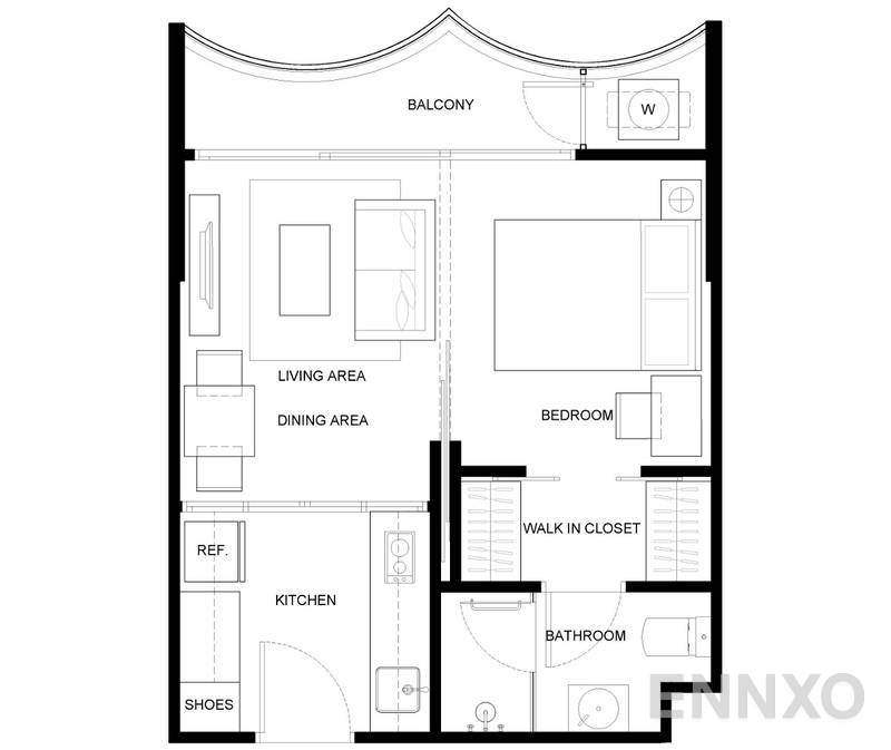 รูปแปลนห้อง 1 Bedroom 1 Bathroom ของโครงการ Kawa Haus Sukhumvit 77