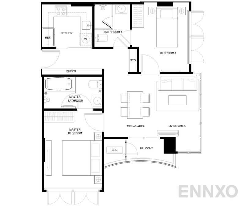 รูปแปลนห้อง 2 Bedrooms 1 Bathroom ของโครงการ Kawa Haus Sukhumvit 77