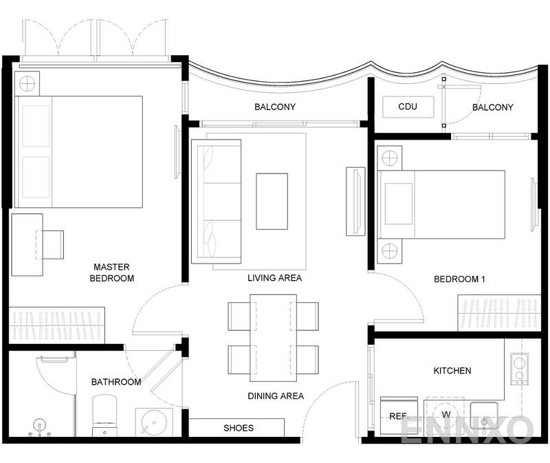 รูปแปลนห้อง 2 Bedrooms 2 Bathroom ของโครงการ Kawa Haus Sukhumvit 77