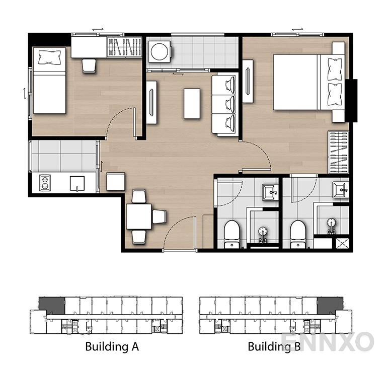 รูปแปลนห้อง 2 Bedroom ของโครงการ เคนซิงตัน เกษตร แคมปัส