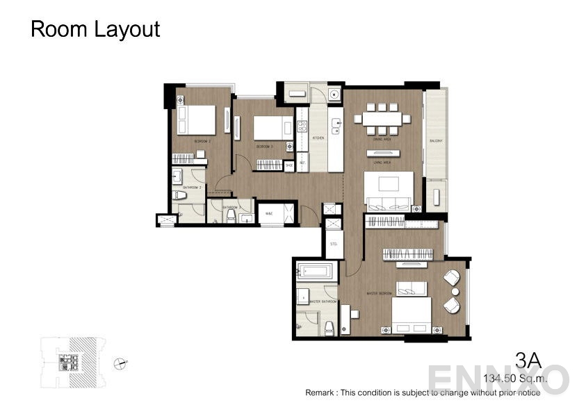รูปแปลนห้อง 3 Bedroom ของโครงการ Keyne