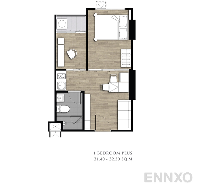 รูปแปลนห้อง 1 bedroom plus 31.40 - 32.50 sq.m. ของโครงการ ไนท์บริดจ์ คอลลาจ รามคำแหง