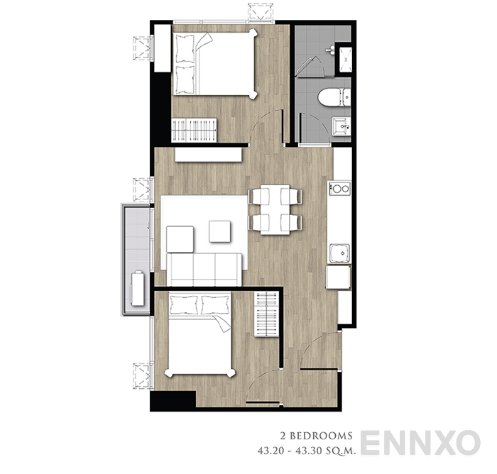 รูปแปลนห้อง 2 bedrooms 43.20 - 43.30 sq.m. ของโครงการ ไนท์บริดจ์ คอลลาจ รามคำแหง