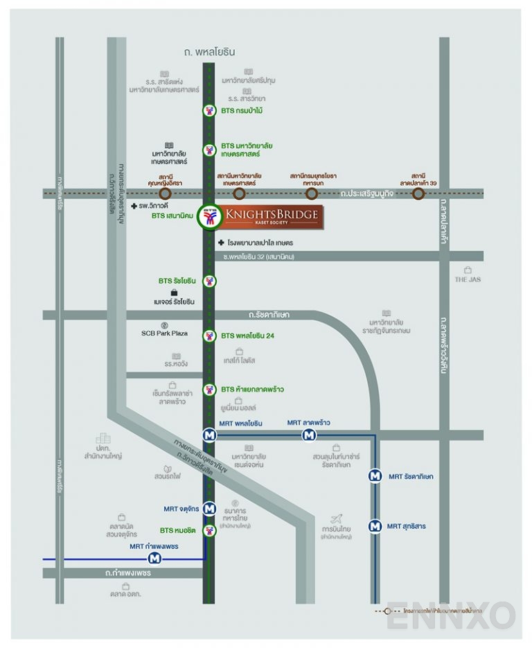 ภาพแผนที่แสดงที่ตั้งโครงการ Knightsbridge Kaset Society
(คอนโด ไนท์บริดจ์ เกษตร โซไซตี้) และสถานที่โดยรอบ