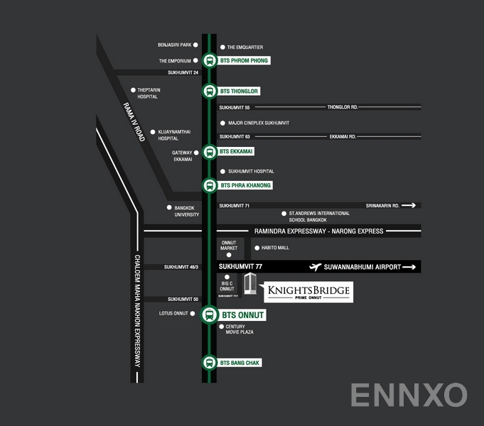 ภาพแผนที่แสดงที่ตั้งโครงการ Knightsbridge Prime Onnut
(คอนโด ไนท์บริดจ์ ไพร์ม อ่อนนุช) และสถานที่โดยรอบ