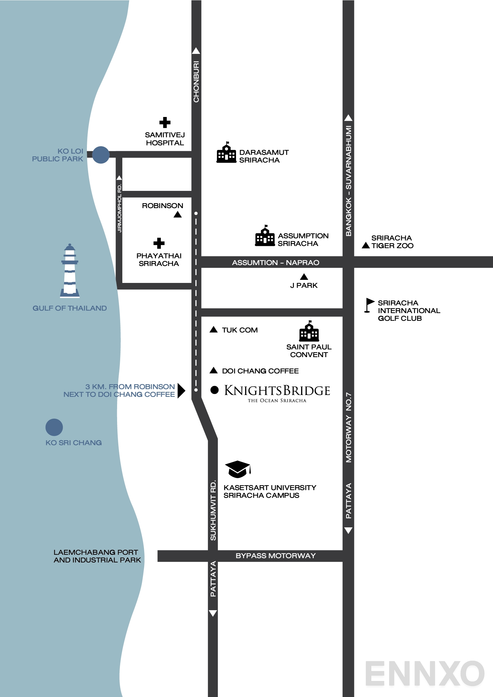 ภาพแผนที่แสดงที่ตั้งโครงการ ไนท์บริดจ์ ดิ โอเชี่ยน ศรีราชา และสถานที่โดยรอบ
