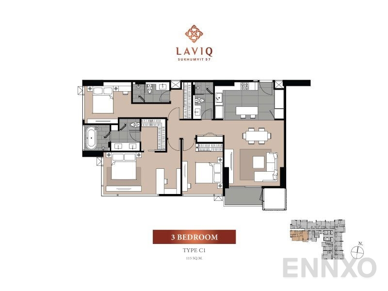 รูปแปลนห้อง 3 Bedrooms ของโครงการ LAVIQ Sukhumvit 57