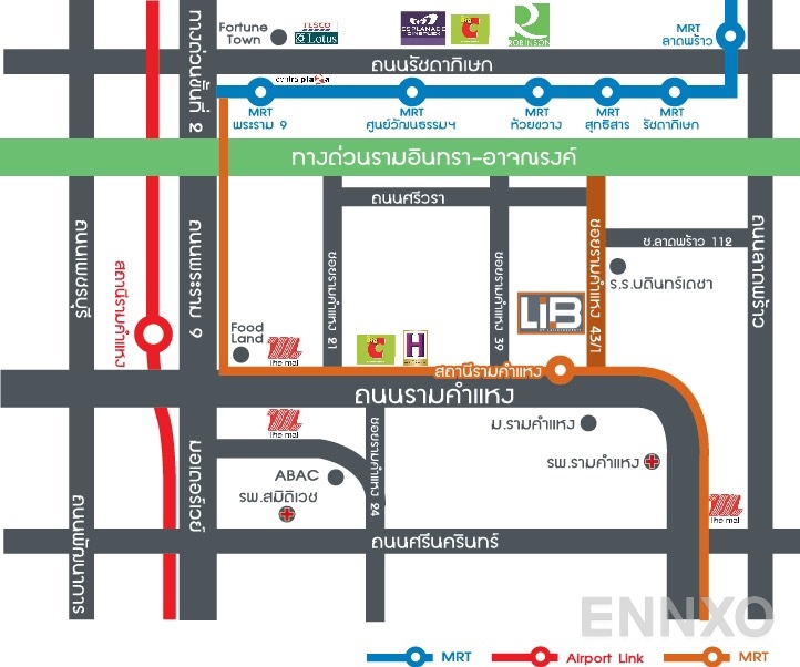ภาพแผนที่แสดงที่ตั้งโครงการ LIB Ramkhamhaeng 43/1
(ลิปป์ รามคำแหง 43/1) และสถานที่โดยรอบ