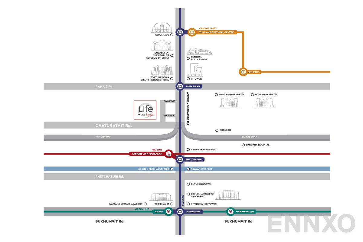 ภาพแผนที่แสดงที่ตั้งโครงการ Life Asoke Hype
(ไลฟ์ อโศก ไฮป์) และสถานที่โดยรอบ