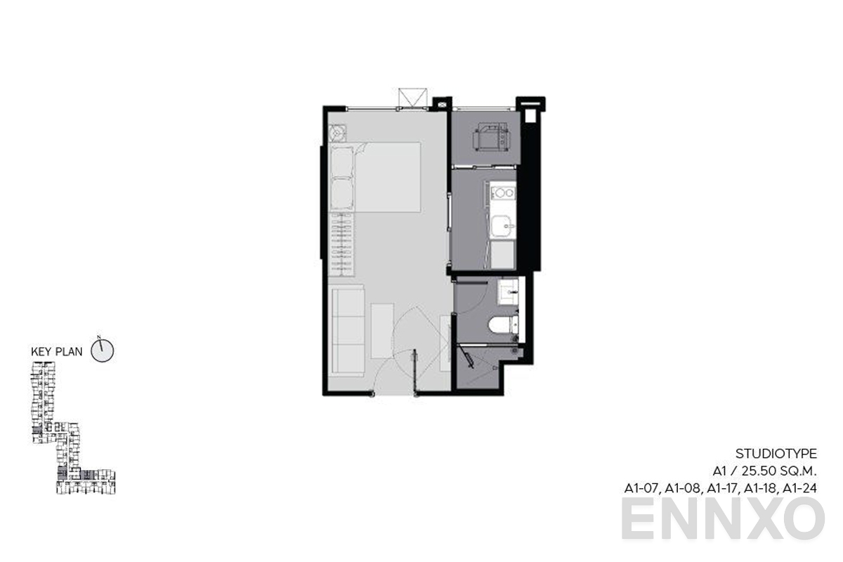 รูปแปลนห้อง A1 25.5 sq.m. ของโครงการ ไลฟ์ อโศก ไฮป์