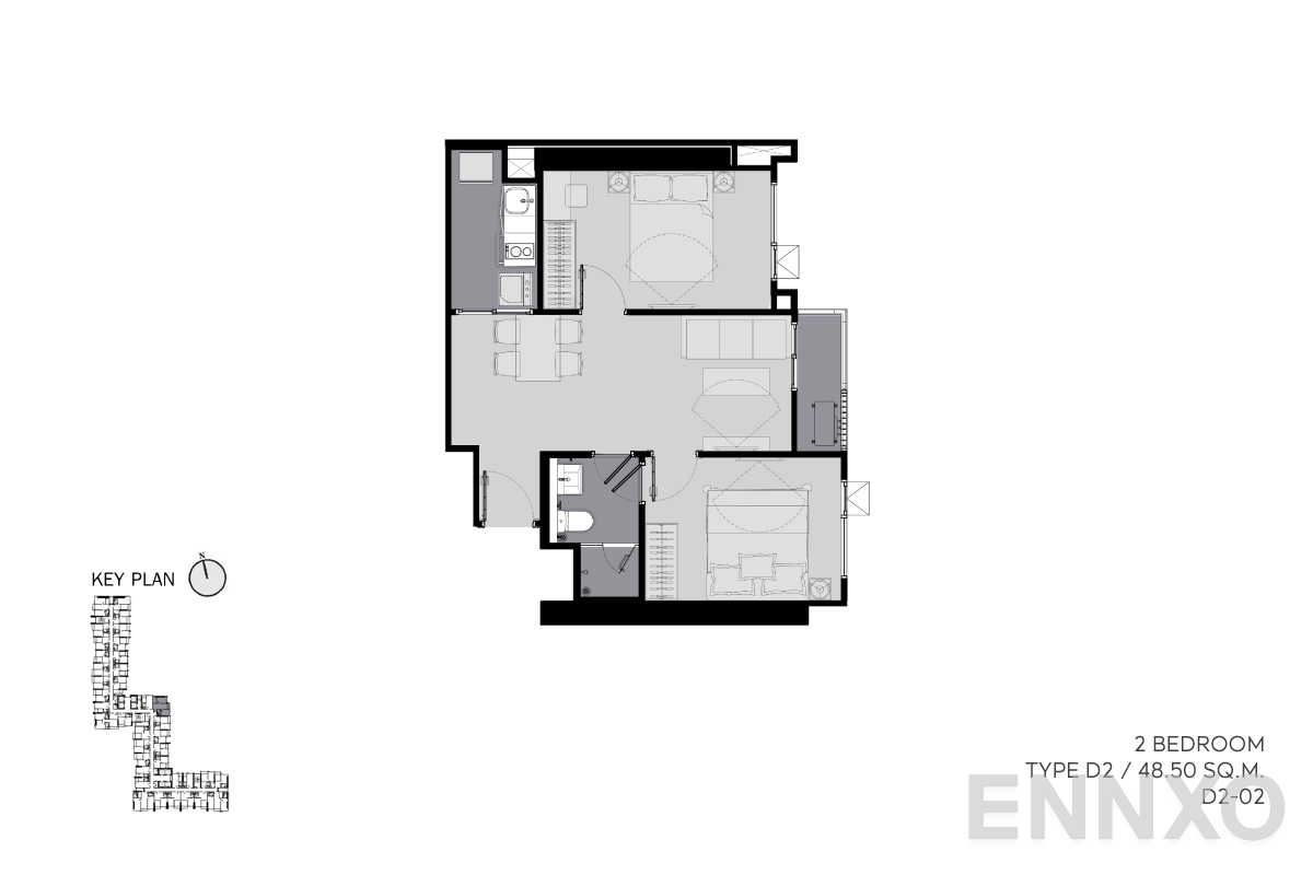 รูปแปลนห้อง D2 48.5 sq.m. ของโครงการ ไลฟ์ อโศก ไฮป์