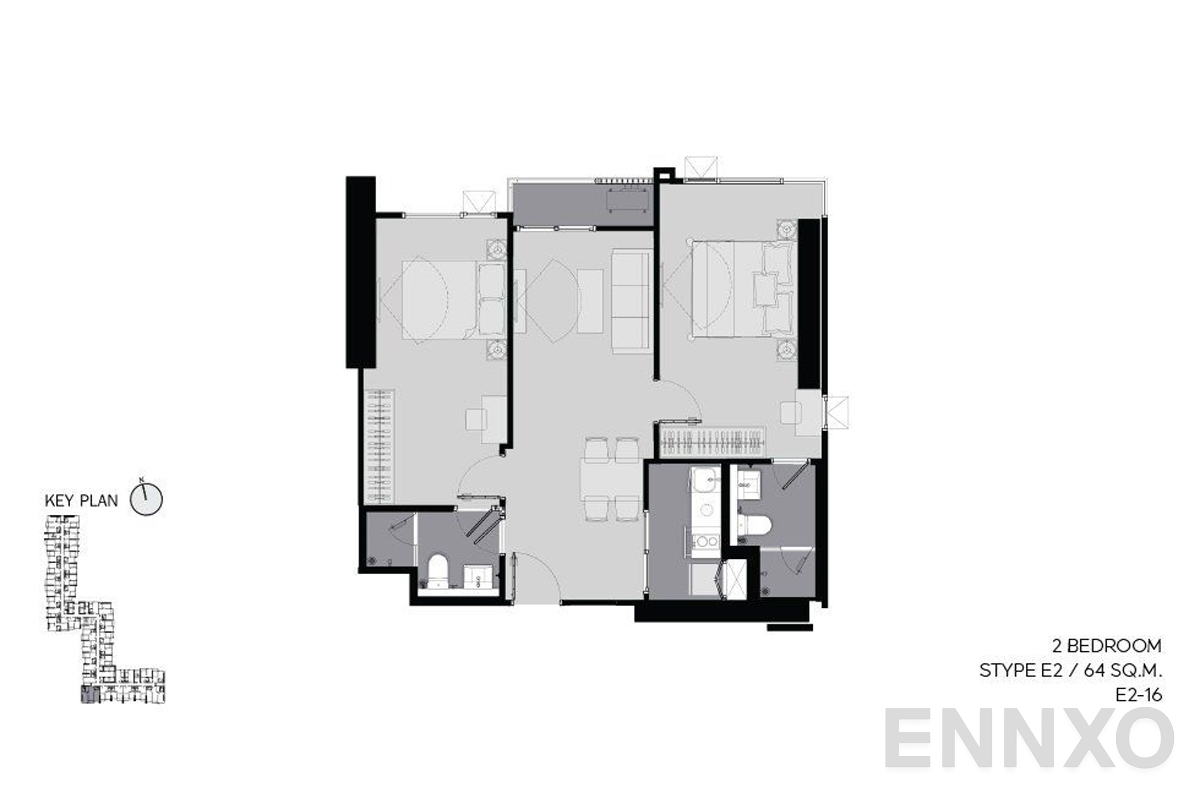 รูปแปลนห้อง E2 64 sq.m. ของโครงการ ไลฟ์ อโศก ไฮป์