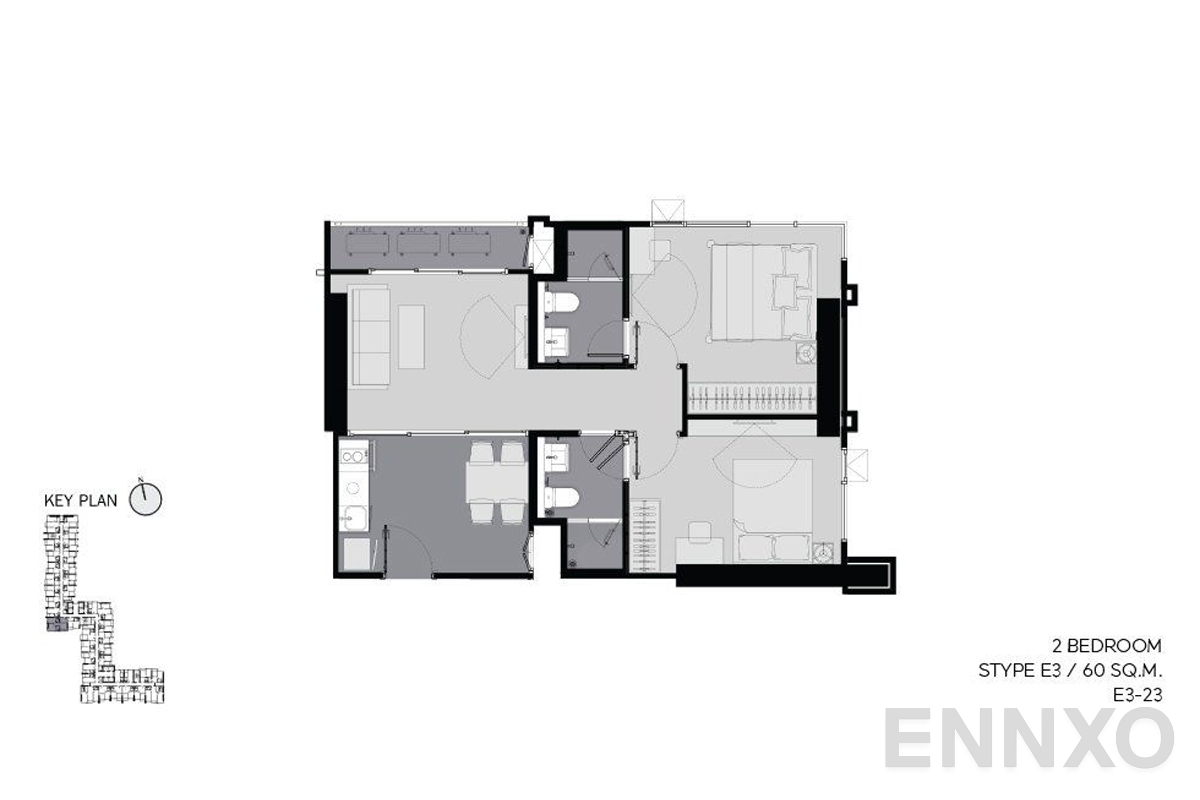 รูปแปลนห้อง E3 60 sq.m. ของโครงการ ไลฟ์ อโศก ไฮป์