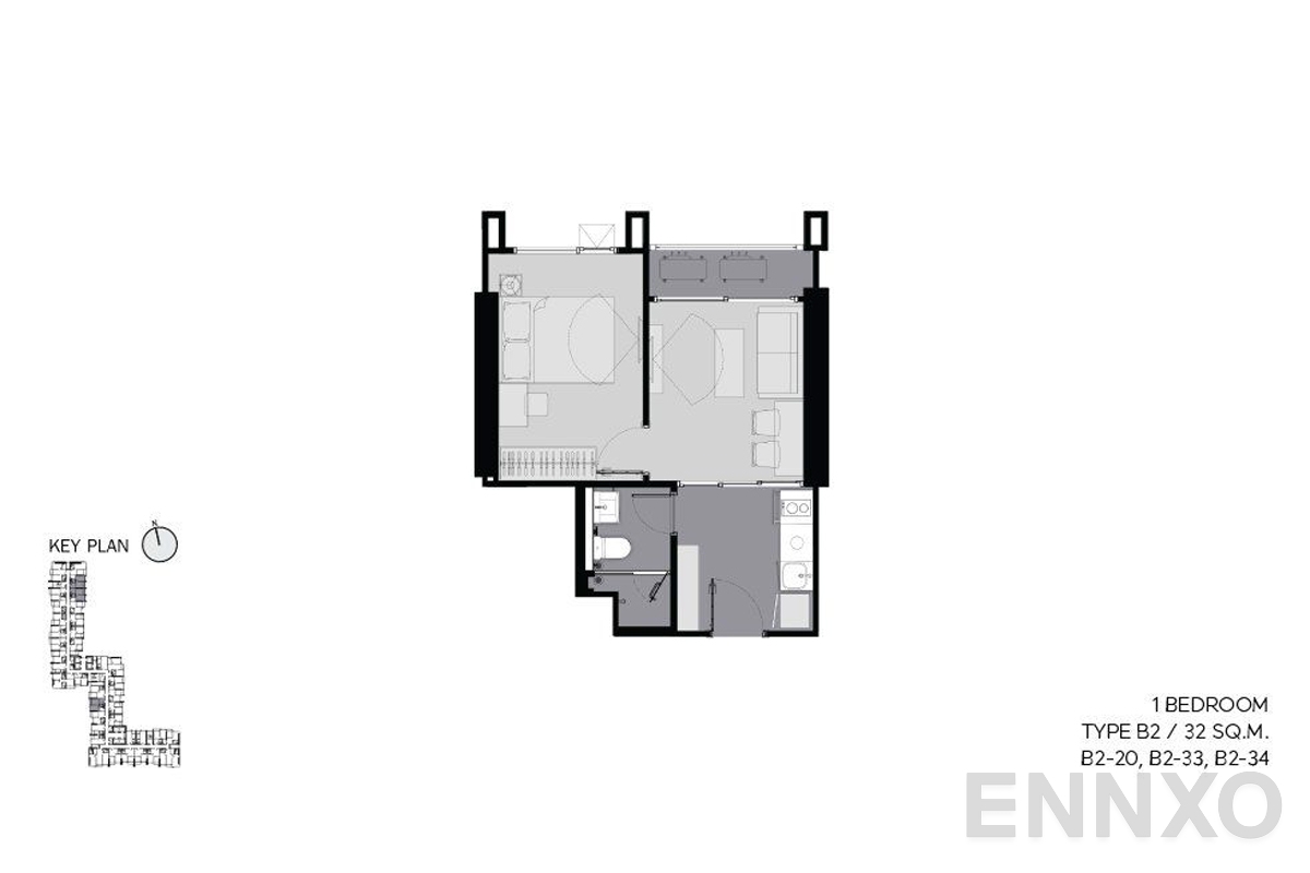 รูปแปลนห้อง B2 32 sq.m. ของโครงการ ไลฟ์ อโศก ไฮป์