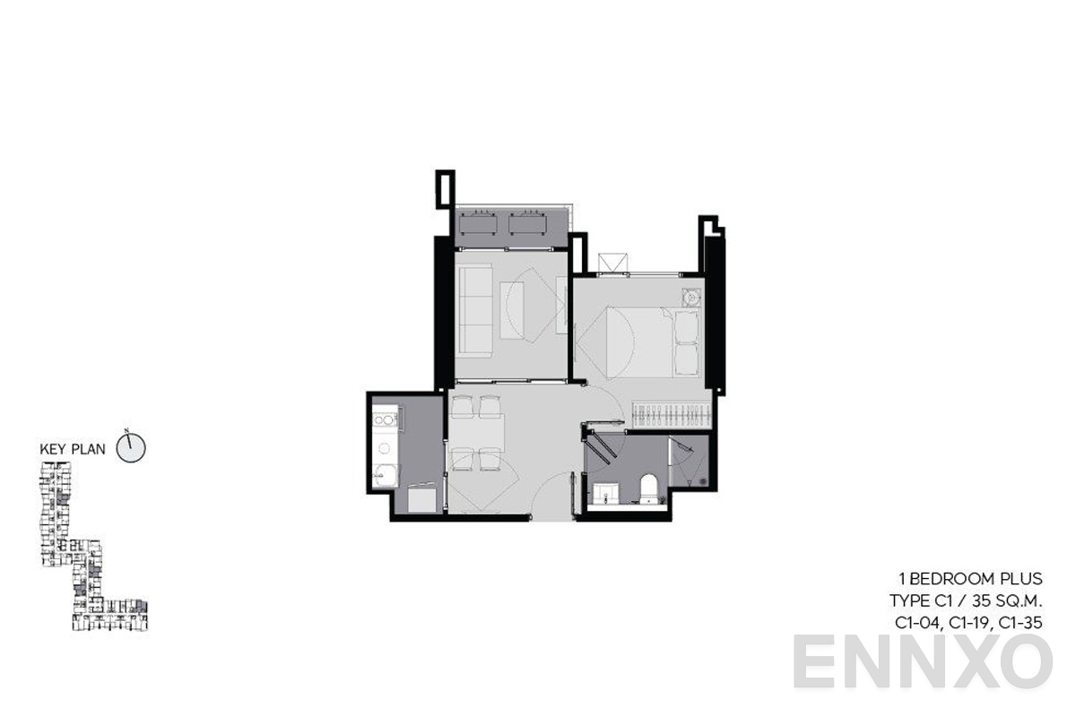 รูปแปลนห้อง C1 35 sq.m. ของโครงการ ไลฟ์ อโศก ไฮป์