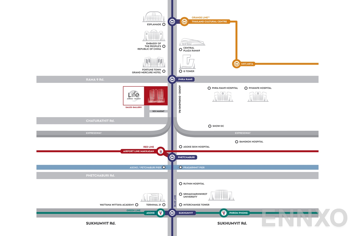 ภาพแผนที่แสดงที่ตั้งโครงการ ไลฟ์ อโศก - พระราม 9 และสถานที่โดยรอบ