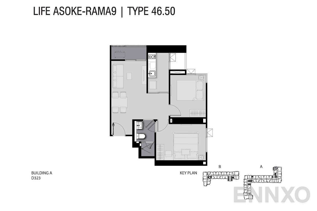 รูปแปลนห้อง TYPE D3 46.5 SQ.M. ของโครงการ ไลฟ์ อโศก - พระราม 9