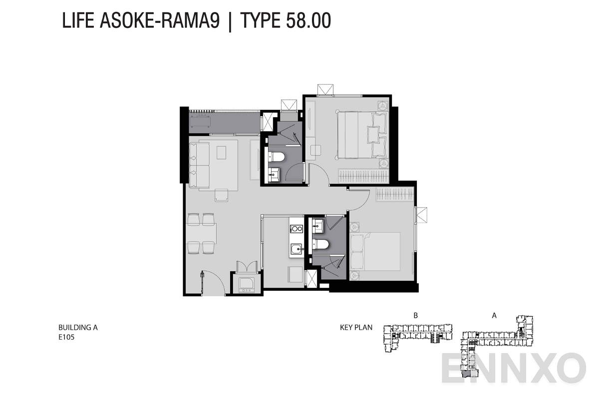 รูปแปลนห้อง TYPE E1 58 SQ.M. ของโครงการ ไลฟ์ อโศก - พระราม 9
