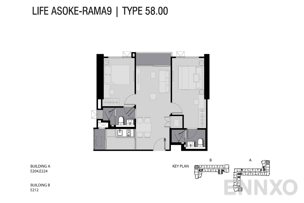 รูปแปลนห้อง TYPE E2 58 SQ.M. ของโครงการ ไลฟ์ อโศก - พระราม 9