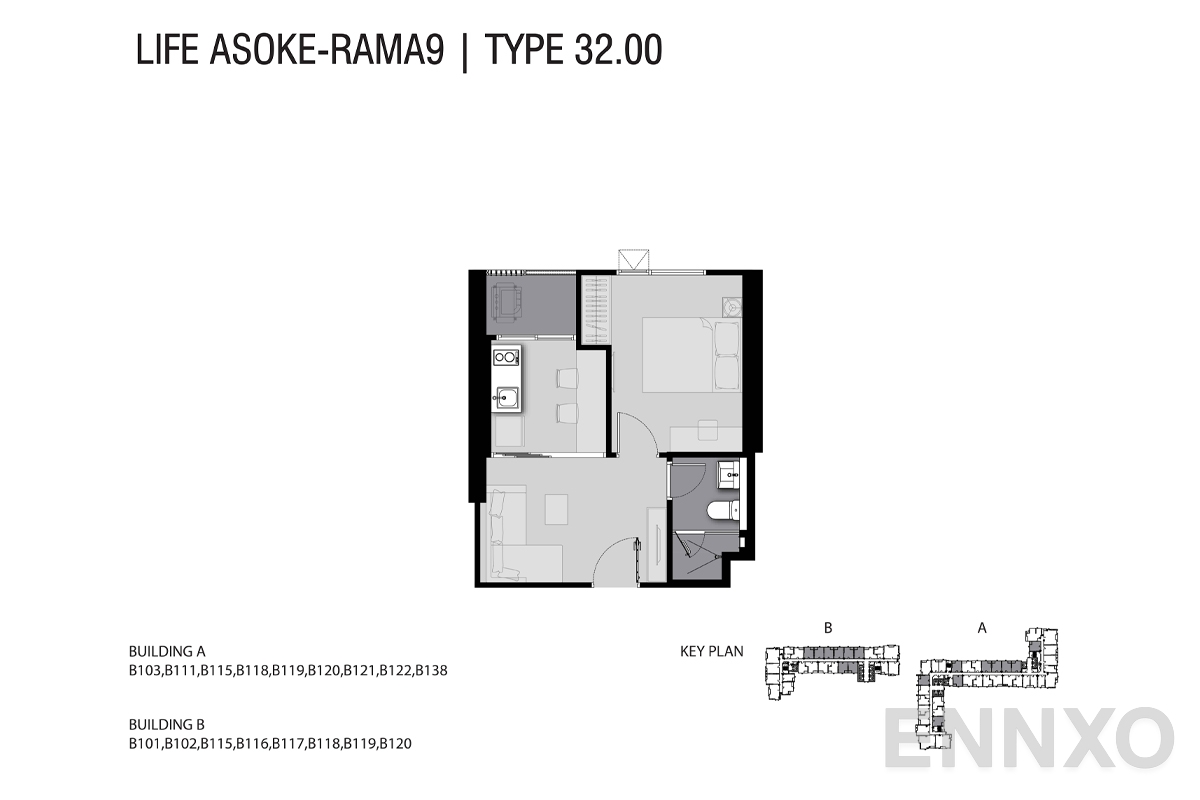รูปแปลนห้อง TYPE B1 32 SQ.M. ของโครงการ ไลฟ์ อโศก - พระราม 9