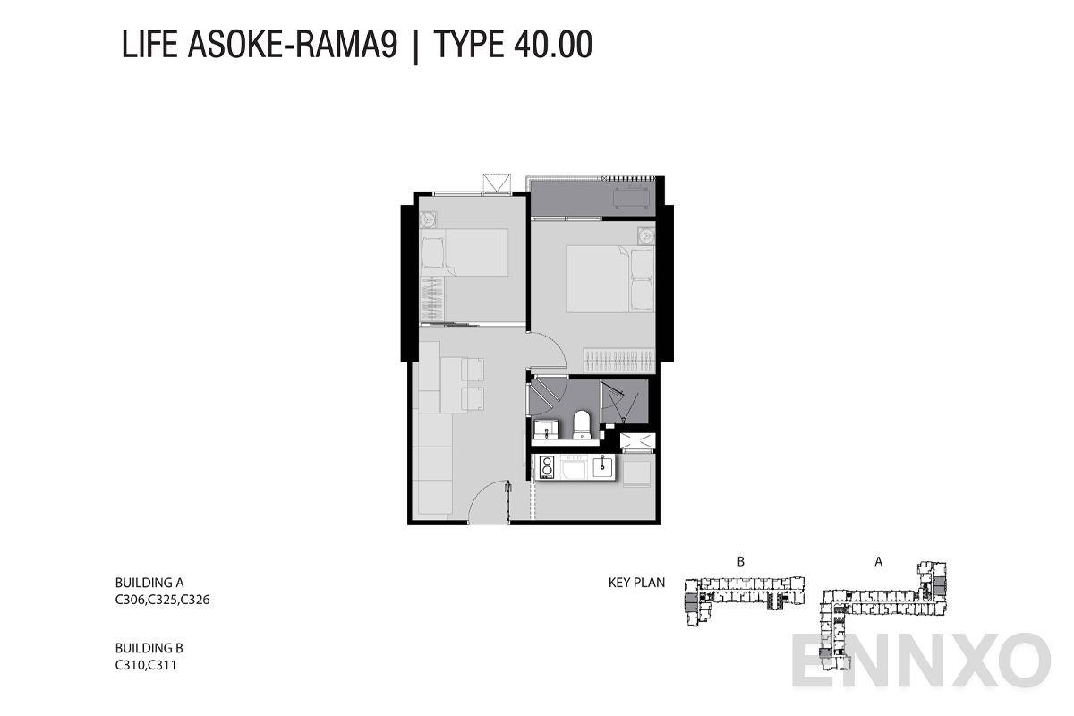 รูปแปลนห้อง TYPE C3 40 SQ.M ของโครงการ ไลฟ์ อโศก - พระราม 9