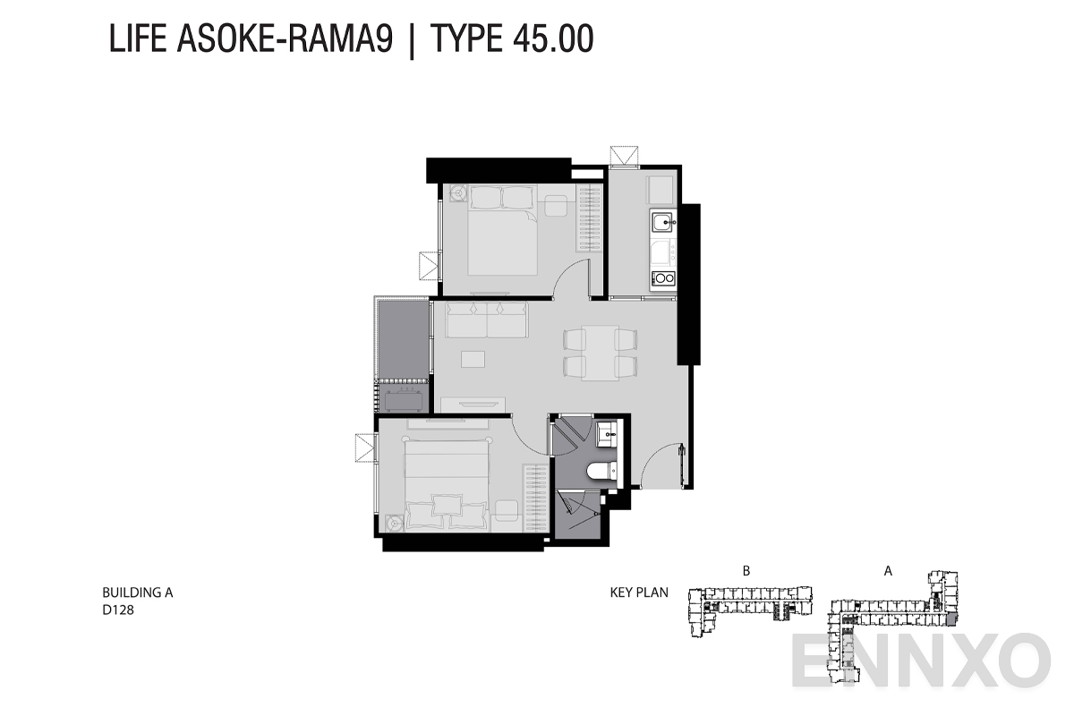 รูปแปลนห้อง TYPE D1 45 SQ.M. ของโครงการ ไลฟ์ อโศก - พระราม 9