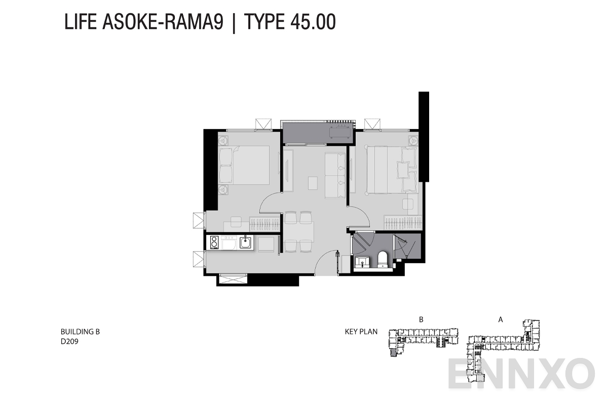 รูปแปลนห้อง TYPE D2 45 SQ.M. ของโครงการ ไลฟ์ อโศก - พระราม 9