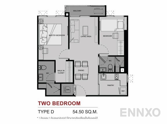 รูปแปลนห้อง 2 Bedroom ของโครงการ ไลฟ์ อโศก
