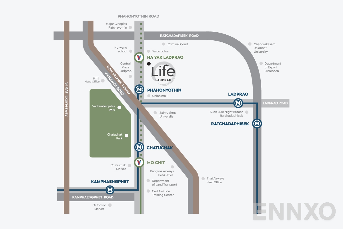 ภาพแผนที่แสดงที่ตั้งโครงการ ไลฟ์ ลาดพร้าว และสถานที่โดยรอบ