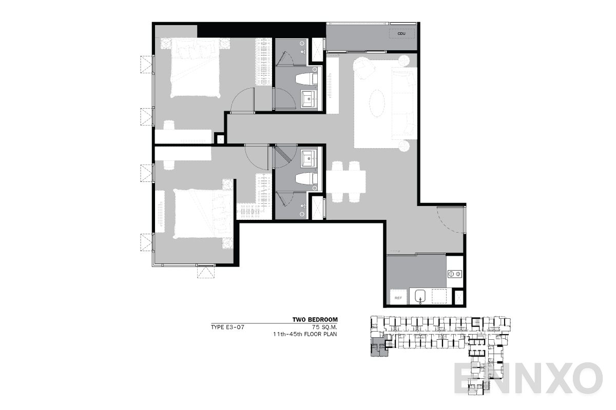 รูปแปลนห้อง TYPE E3 75 SQ.M. ของโครงการ Life Ladprao