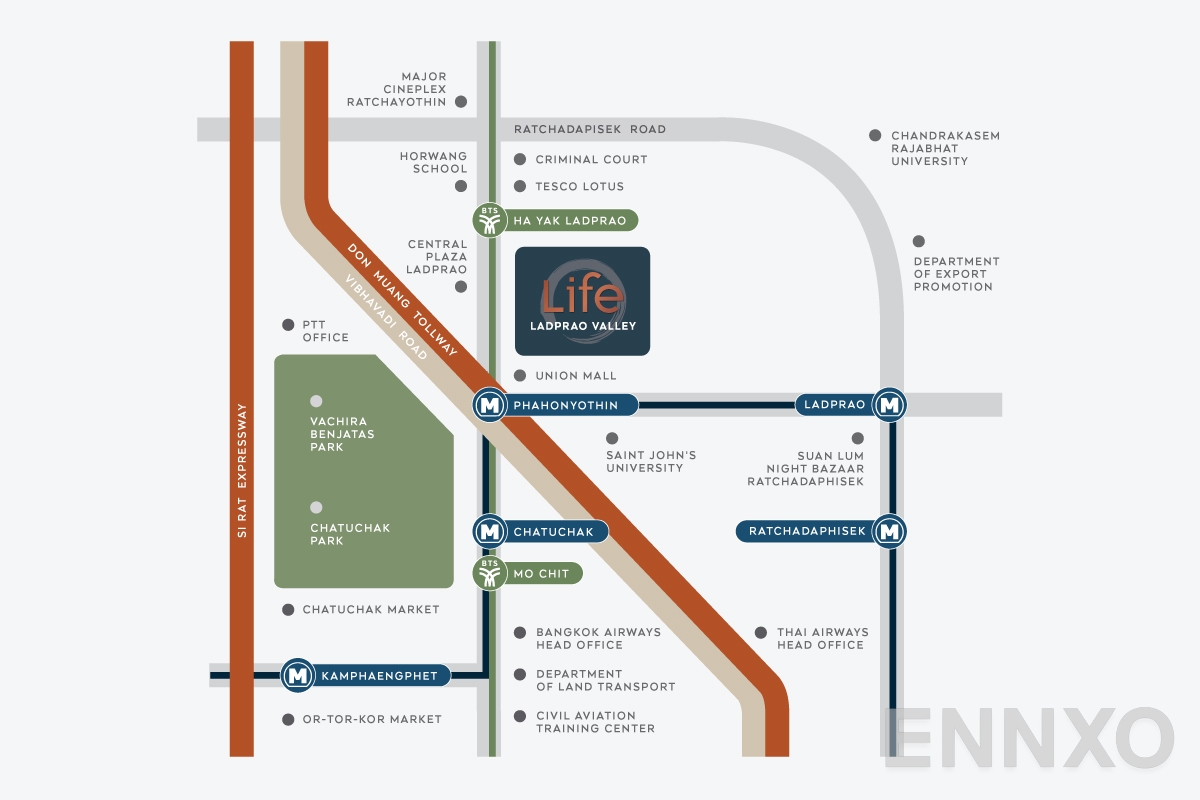 ภาพแผนที่แสดงที่ตั้งโครงการ ไลฟ์ ลาดพร้าว วัลเล่ย์ และสถานที่โดยรอบ