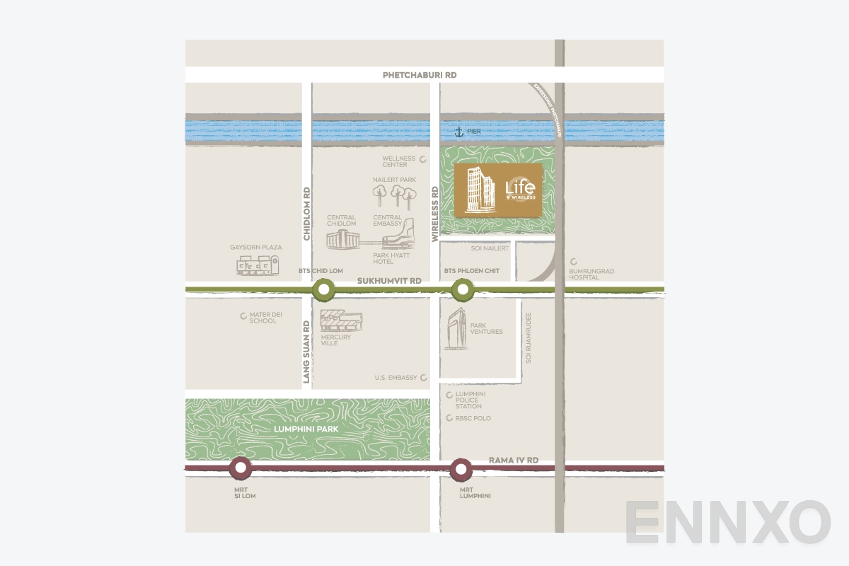 ภาพแผนที่แสดงที่ตั้งโครงการ Life One Wireless และสถานที่โดยรอบ