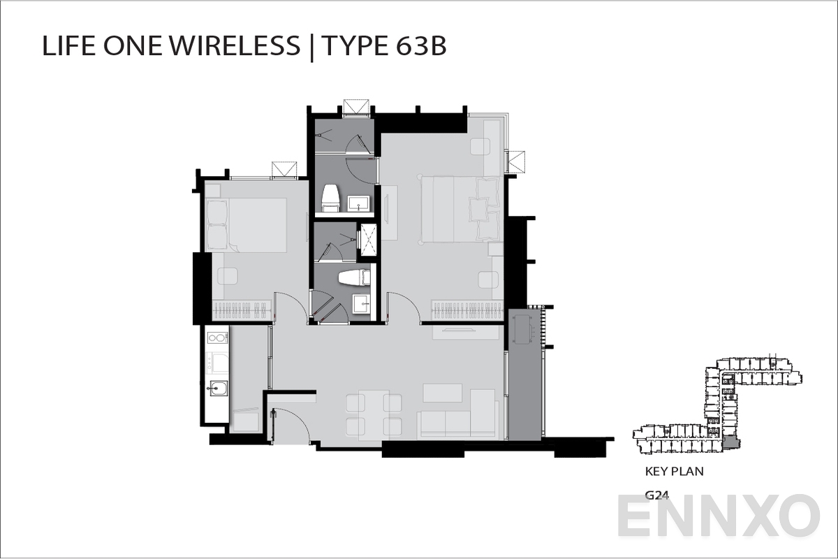 รูปแปลนห้อง Type G B 63 SQ.M. ของโครงการ Life One Wireless