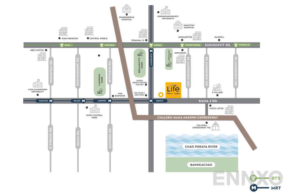 ภาพแผนที่แสดงที่ตั้งโครงการ Life Rama 4 - Asoke
(ไลฟ์ พระราม 4 - อโศก) และสถานที่โดยรอบ