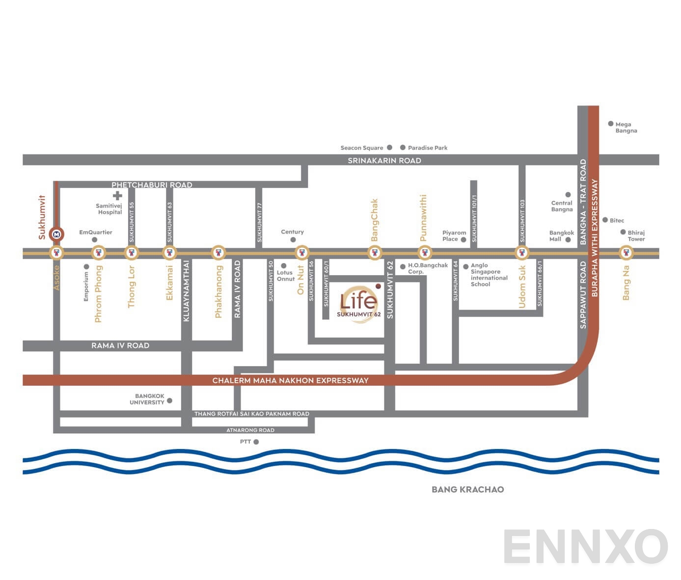 ภาพแผนที่แสดงที่ตั้งโครงการ Life Sukhumvit 62 และสถานที่โดยรอบ