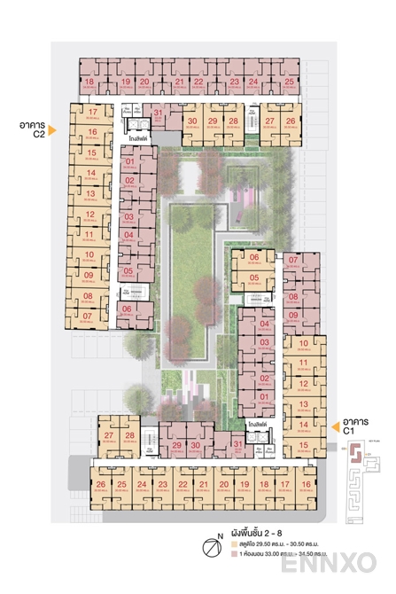 แปลนชั้น Tower C1, C2 : 2nd-8th Floor ของโครงการ ลุมพินี คอนโดทาวน์ เอกชัย 48 (เฟส 1)