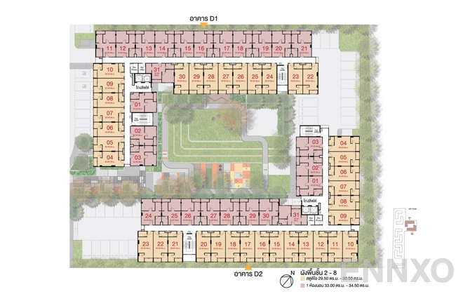 แปลนชั้น Tower D1, D2 : 2nd-8th Floor ของโครงการ ลุมพินี คอนโดทาวน์ เอกชัย 48 (เฟส 1)