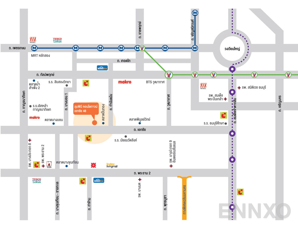 ภาพแผนที่แสดงที่ตั้งโครงการ Lumpini Condotown Ekachai 48
(ลุมพินี คอนโดทาวน์ เอกชัย 48 (เฟส 1)) และสถานที่โดยรอบ